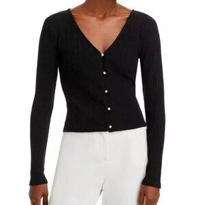 VINCE Women's Black Ribbed Cardigan Sweater with Pearl Buttons Cropped Size XS